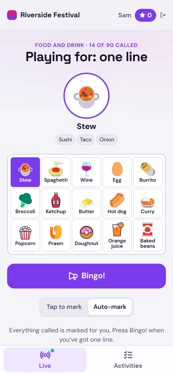 A picture bingo card on a phone, with the called item marked and a Bingo! button