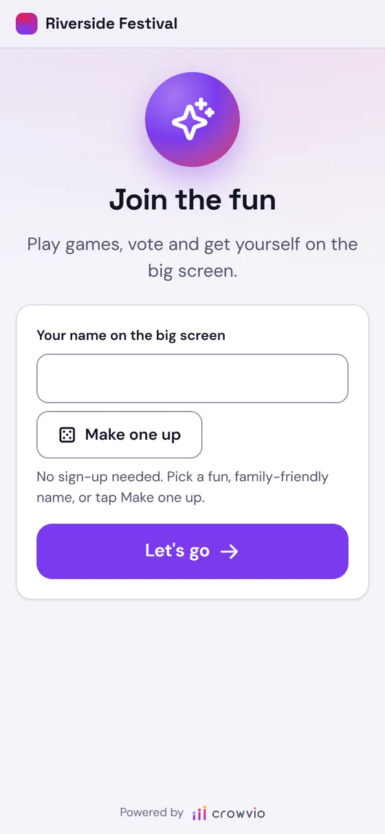 The Crowvio join screen on a phone: Join the fun, with a box for your name and a Let's go button