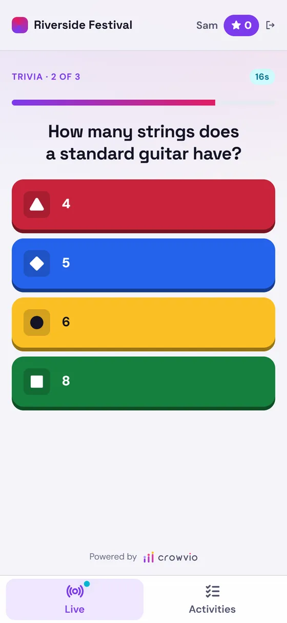 The trivia question on a phone, with four big coloured answer buttons
