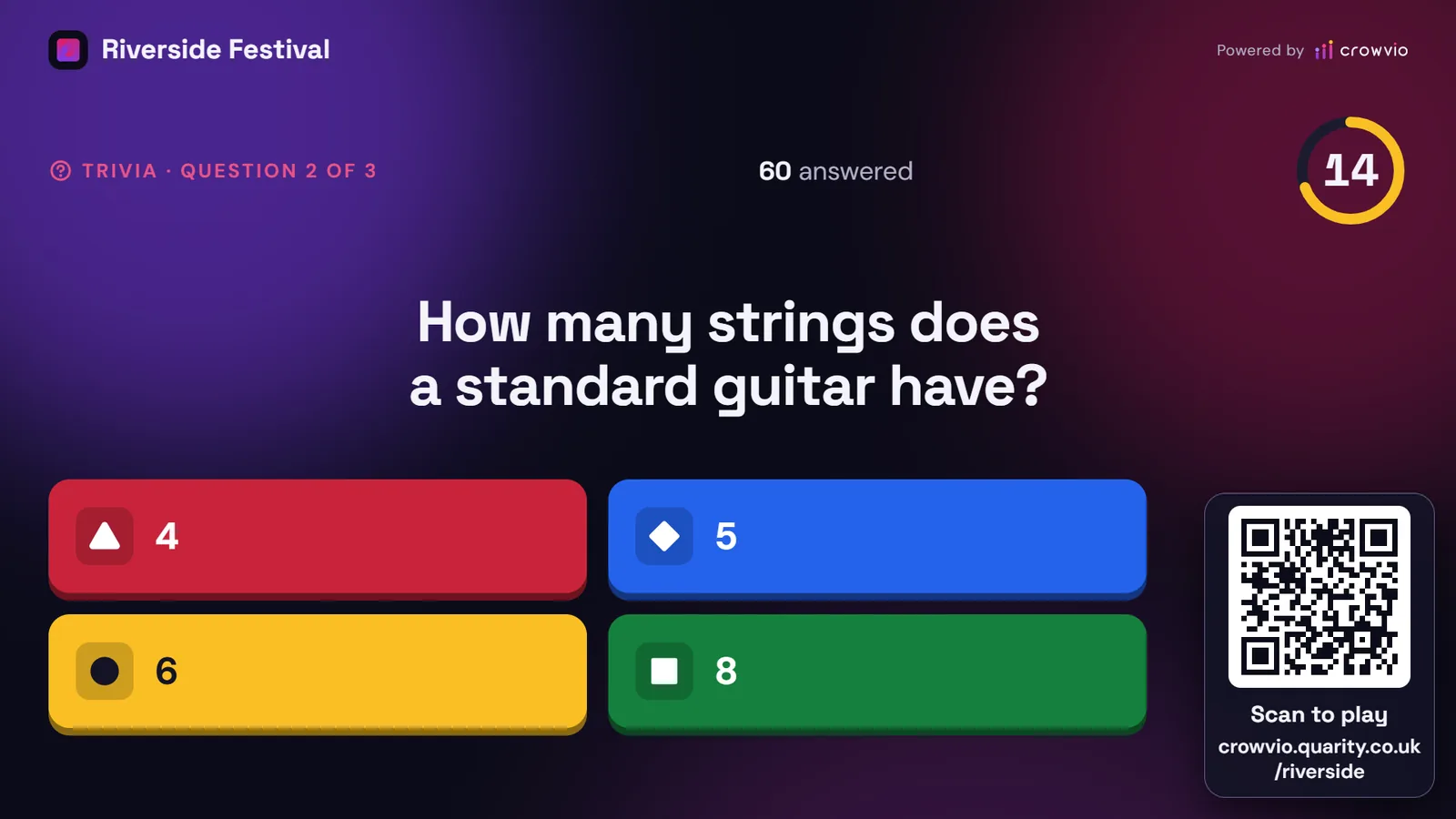 A trivia question on the big screen, How many strings does a standard guitar have?, with four coloured answers and a countdown